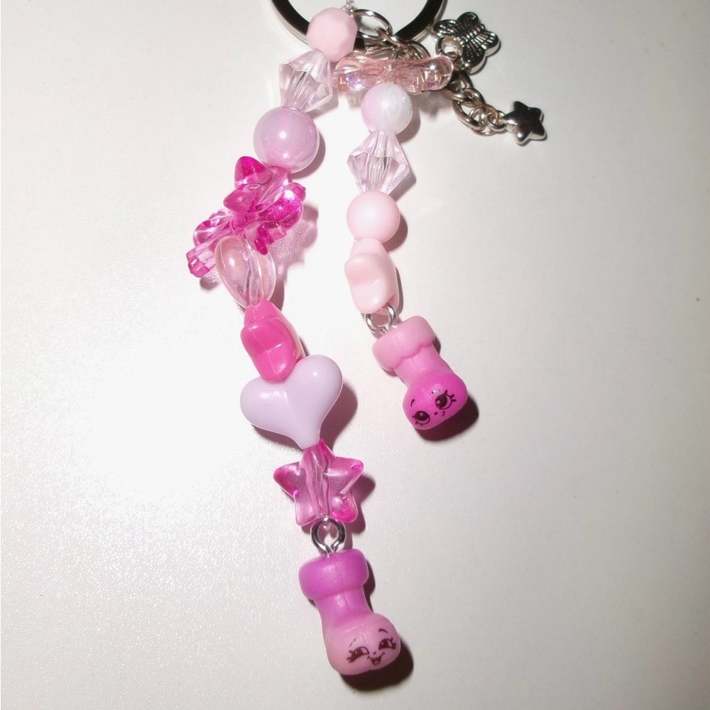 Shopkins Pink and White Beaded Keychain
